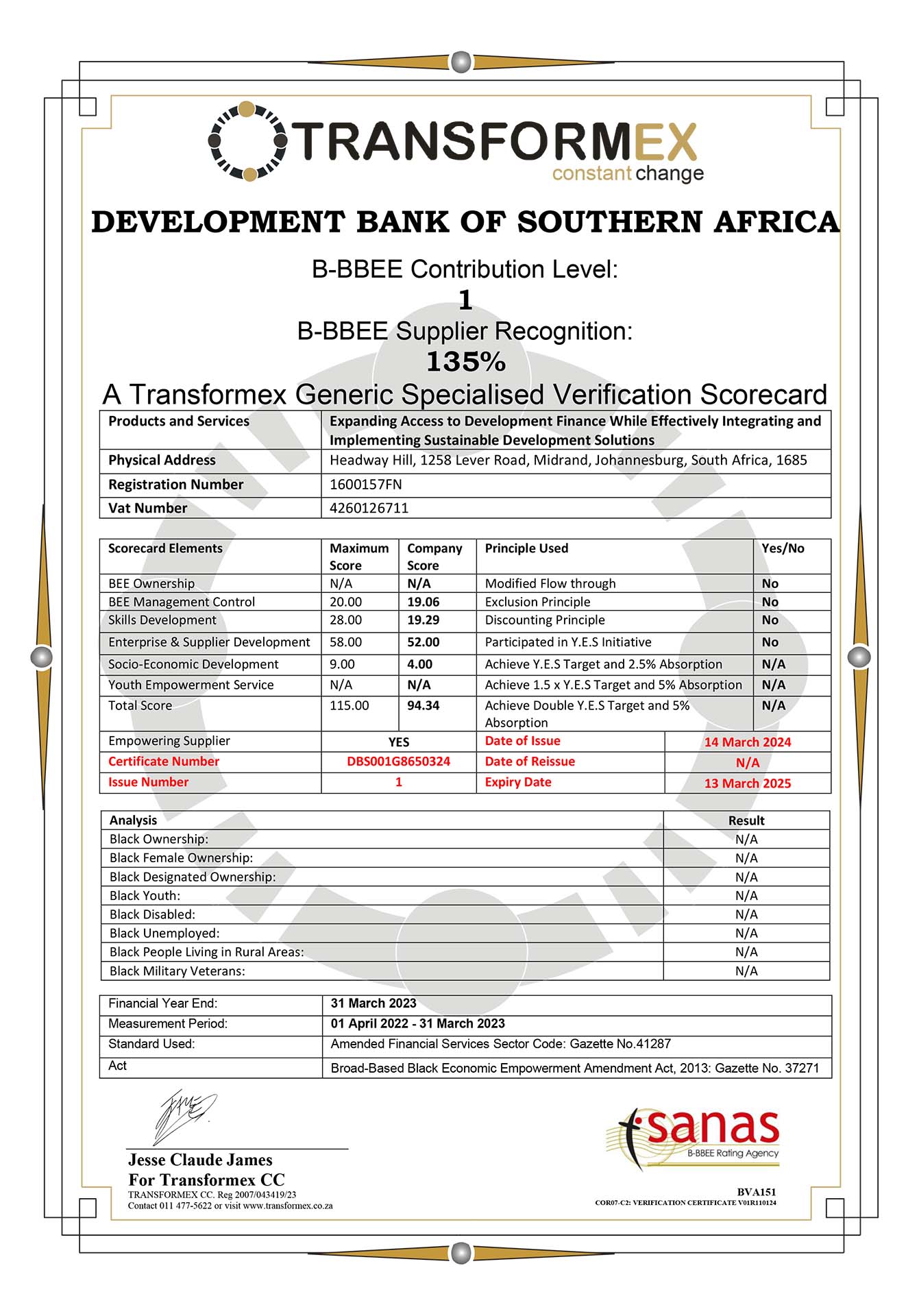 DBSA BEE Certificate